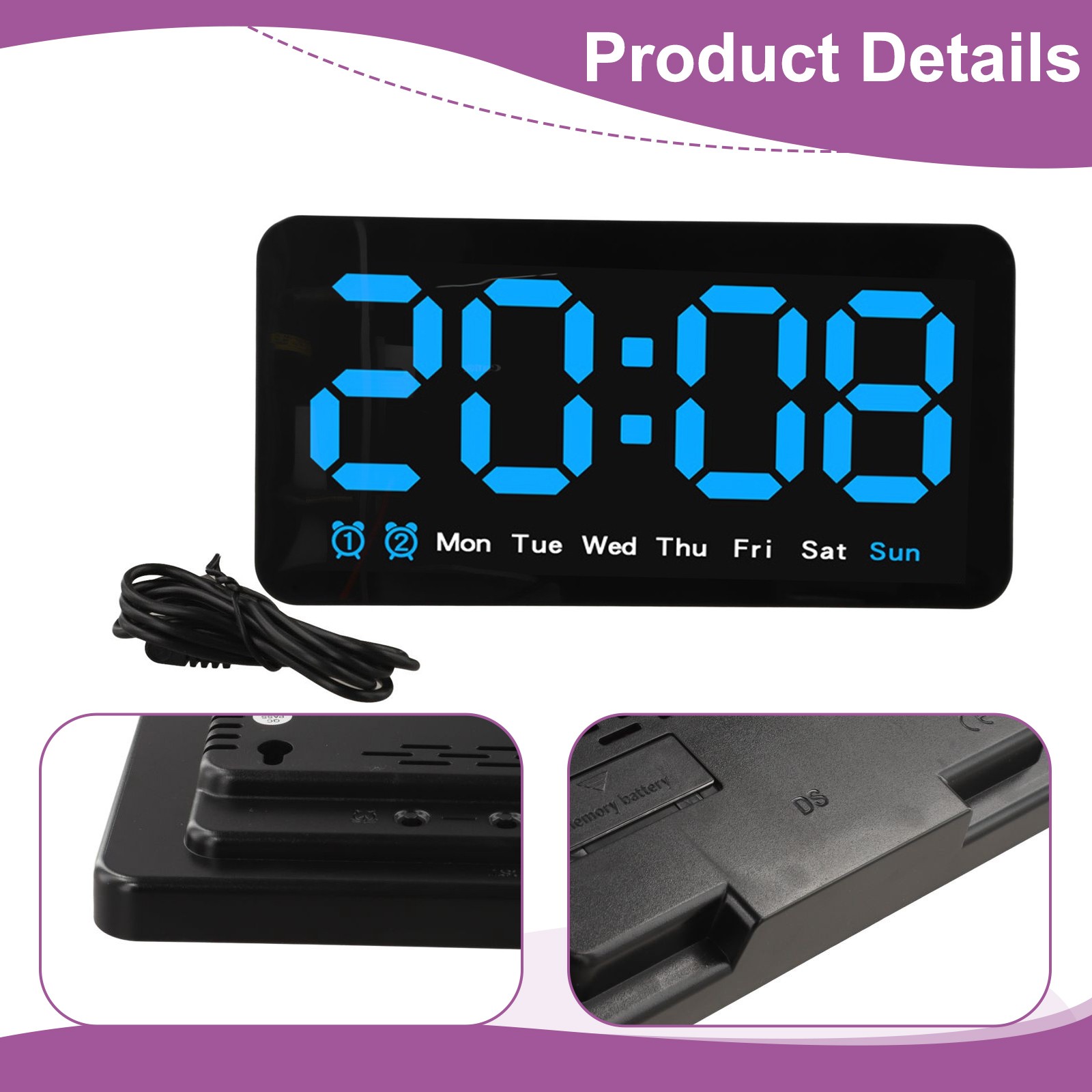 Digital Wall Clock with Large LED Screen Week Display and Adjustable Brightness