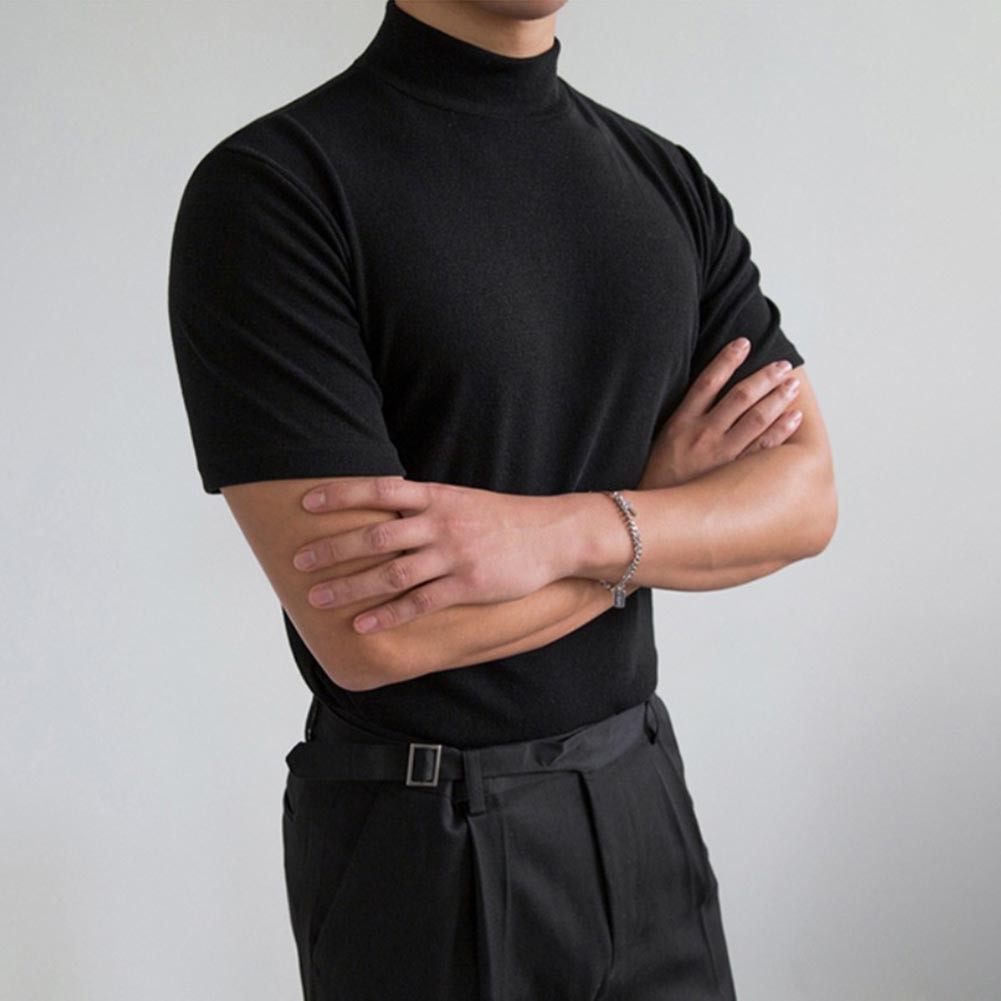 Men’s Business Casual T Shirt for Slim Fit Half High Neck Short Sleeve Solid