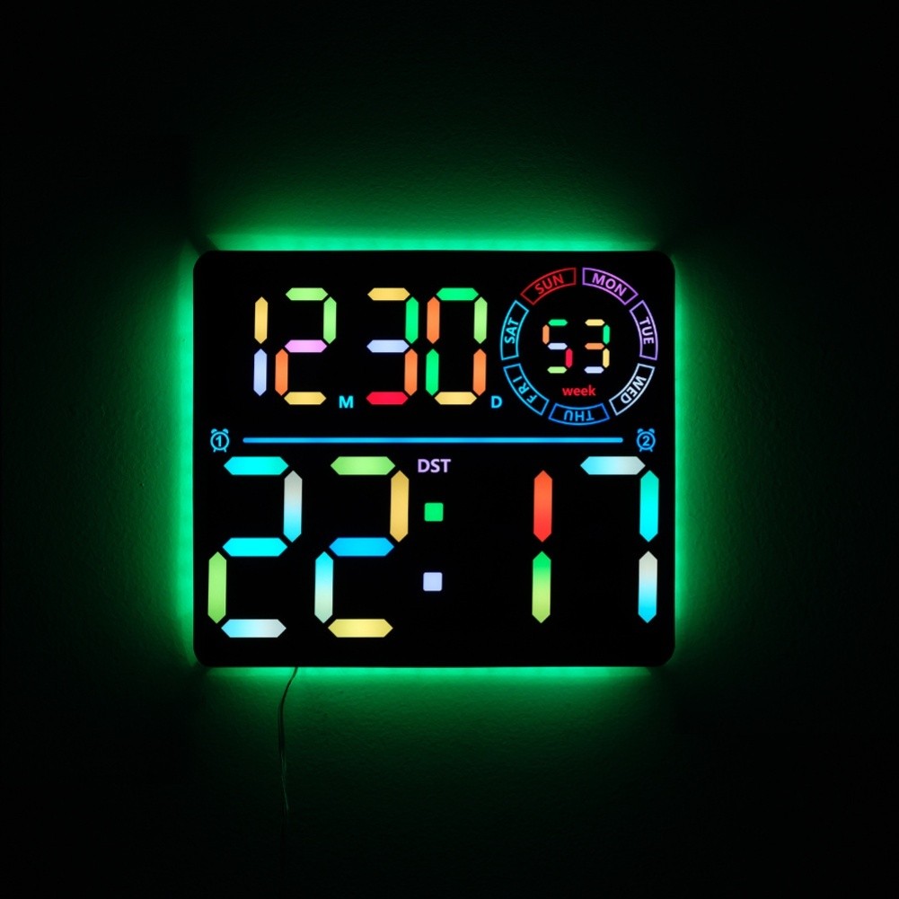 RGB Color Changing LED Wall Clock with Large Display Calendar for Living Room