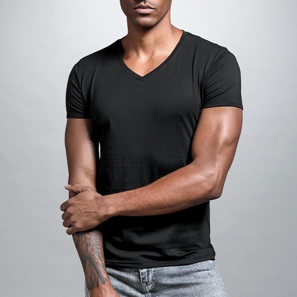 Men Solid Color V Neck Tight Fit T Shirt Short Sleeve Polyester Base Layer Top