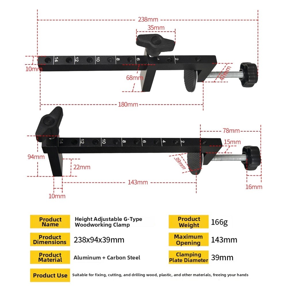 For Woodworking G Clamp Adjustable Opening 143mm Aluminum + Carbon Steel