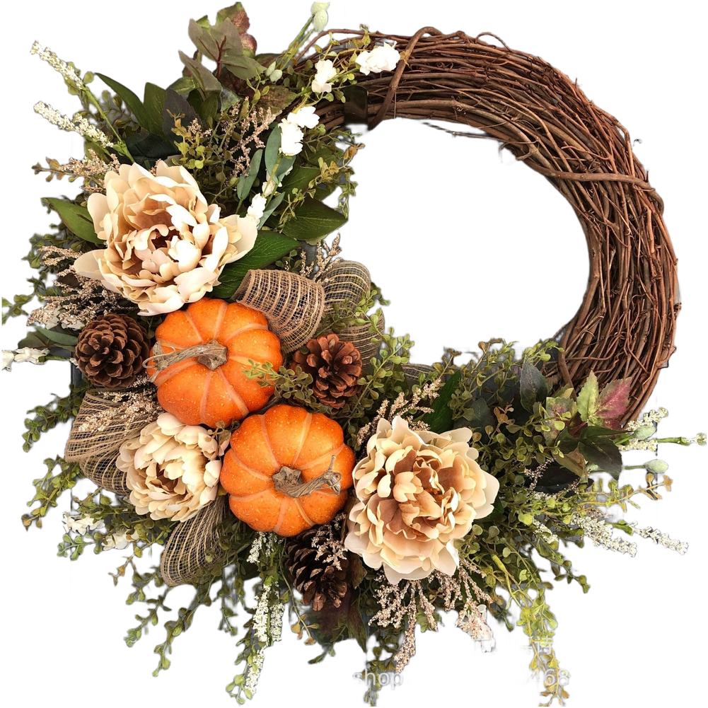 Autumn Wreath with Pumpkin Maple Leaf Eucalyptus Berries for Indoor Outdoor Use
