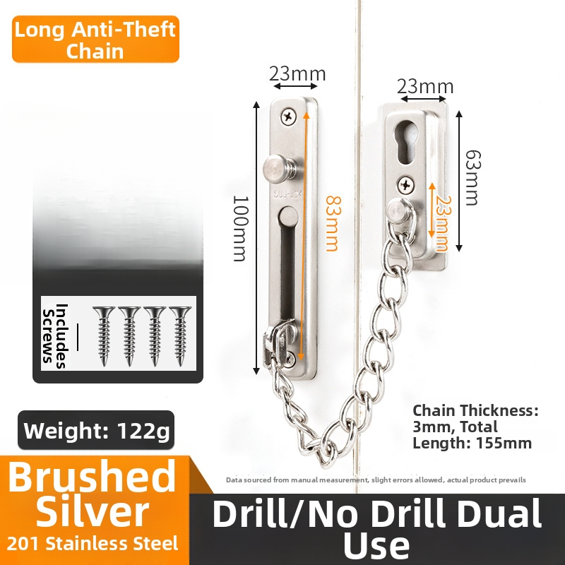 Stainless Steel Door Chain 155mm Length with Secure Spring Button for Daily Use