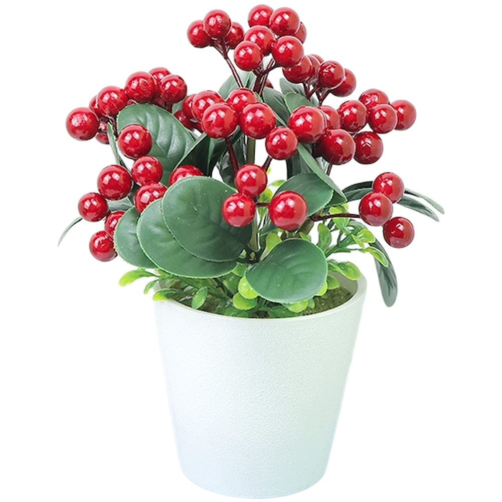 Potted Plastic Blueberry Holly Plant with Lifelike Berries and Foliage
