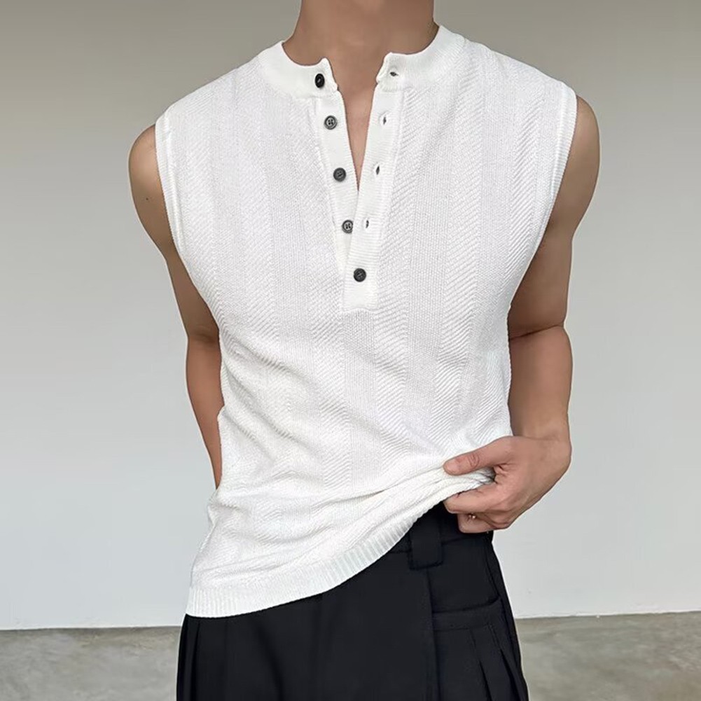 Men’s Ribbed Vest Sleeveless For Henry Collar Slim Fit Streetwear Sports Top
