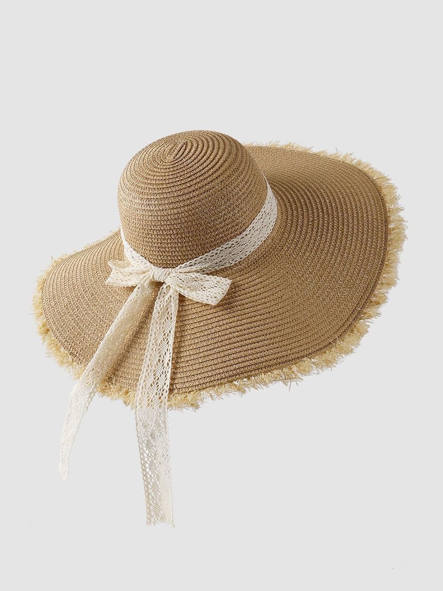 Ladies Sun Hat Polyester Solid Color Lace Bow Lightweight UV Protective
