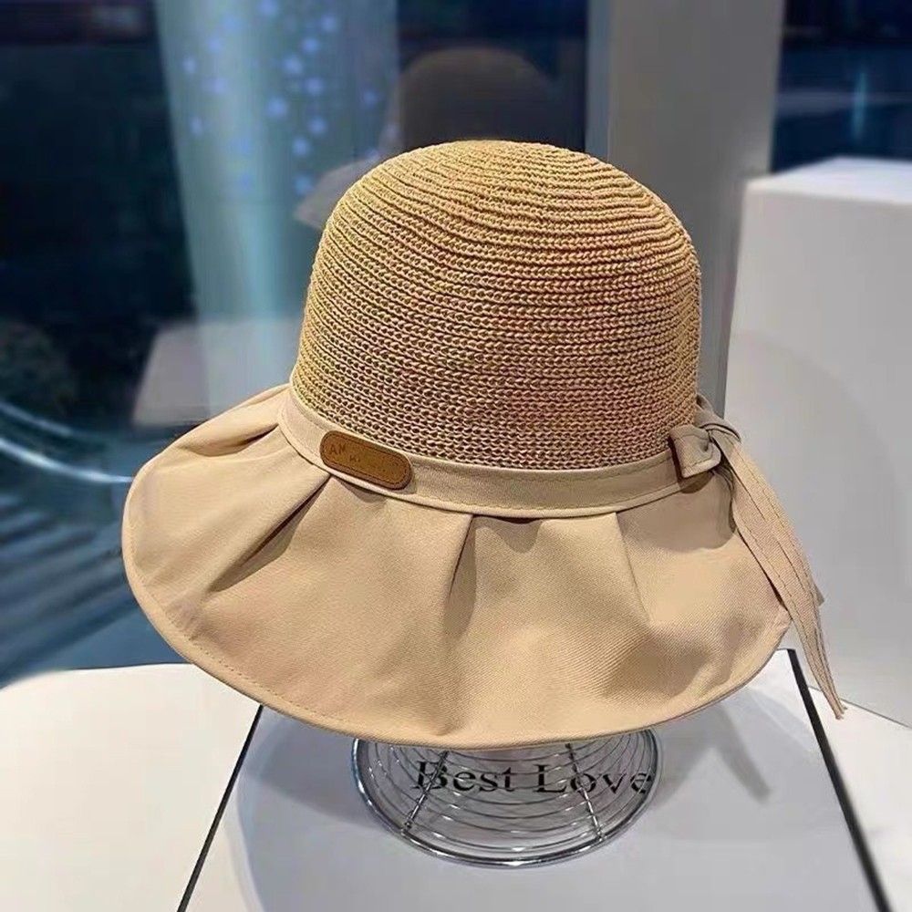 Ladies Unisex Solid Color Straw Woven Fisherman Hat for Sun Protection