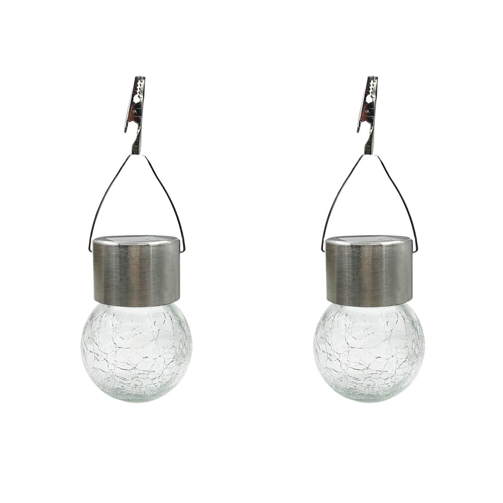 Outdoor Garden Solar Hanging Lights 2PC with Cracked Glass Shade Warm White LED