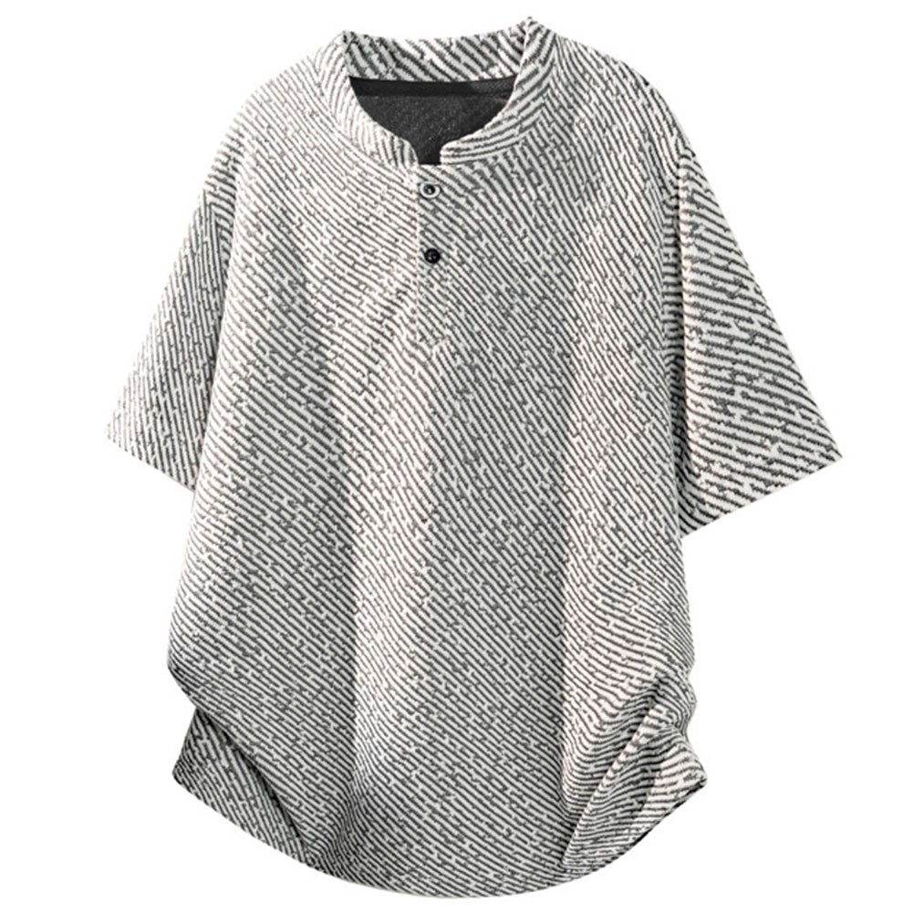 Men Hong Kong Striped For Henry Collar Casual Top Plus Size Short Sleeve T-shirt