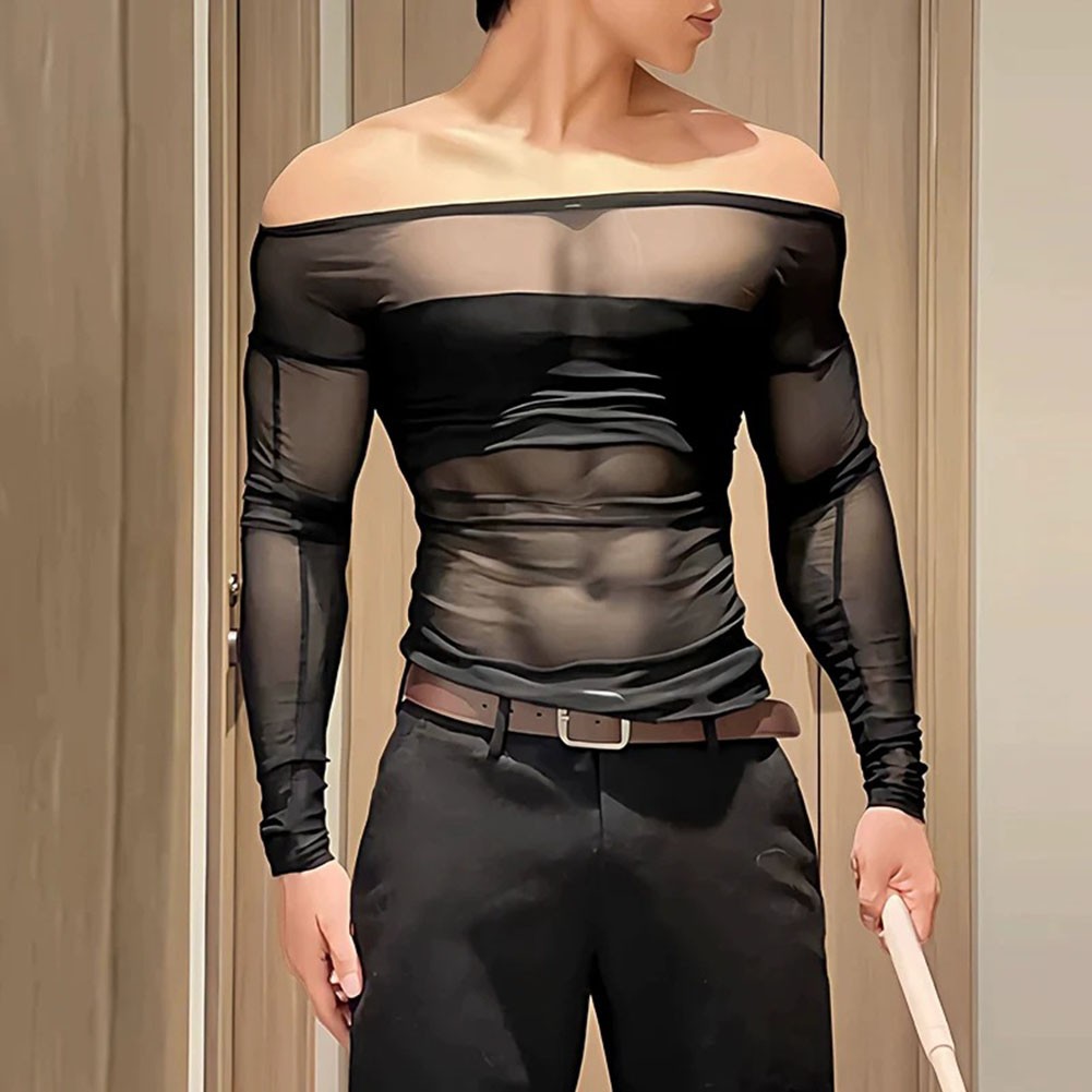 Men Polyester Splicing Mesh Sheer T-Shirt Off-Shoulder Regular Fit Top