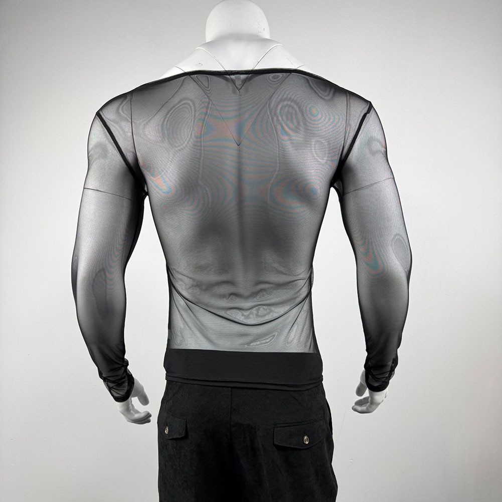 Men’s Sheer Mesh Splicing T-Shirt Off-Shoulder Style for Nightclub Outfits