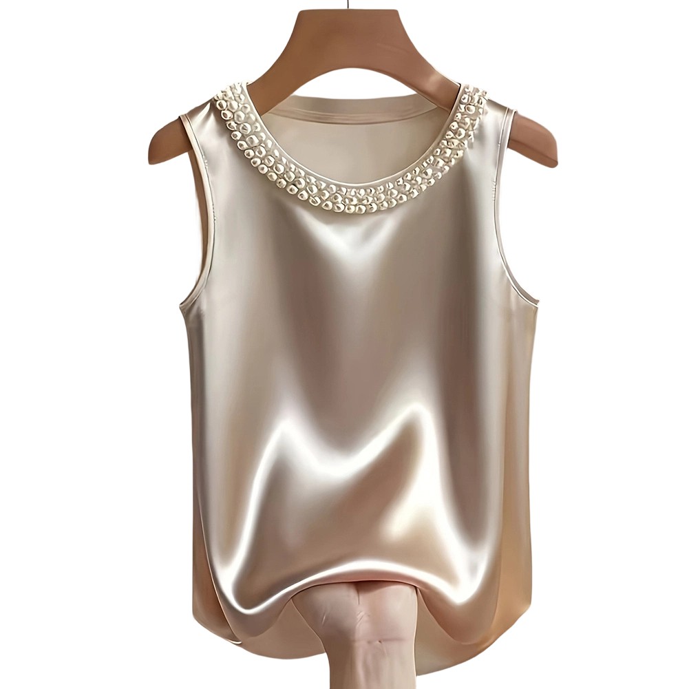 Women’s Satin Beaded Vest Sleeveless Round Neck Tank Top Casual Summer