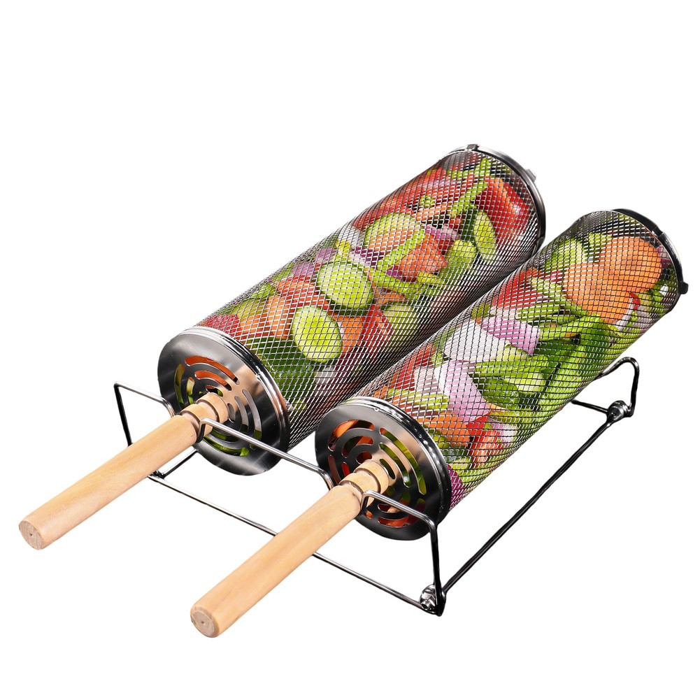 Rolling Grill Basket with Generous Capacity and Removable Wooden Handle