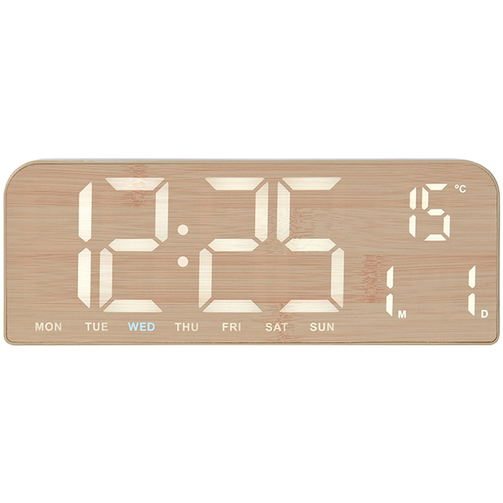 Digital Clock Large LED Screen Wood Grain Design Time Date Weekday Temp Display