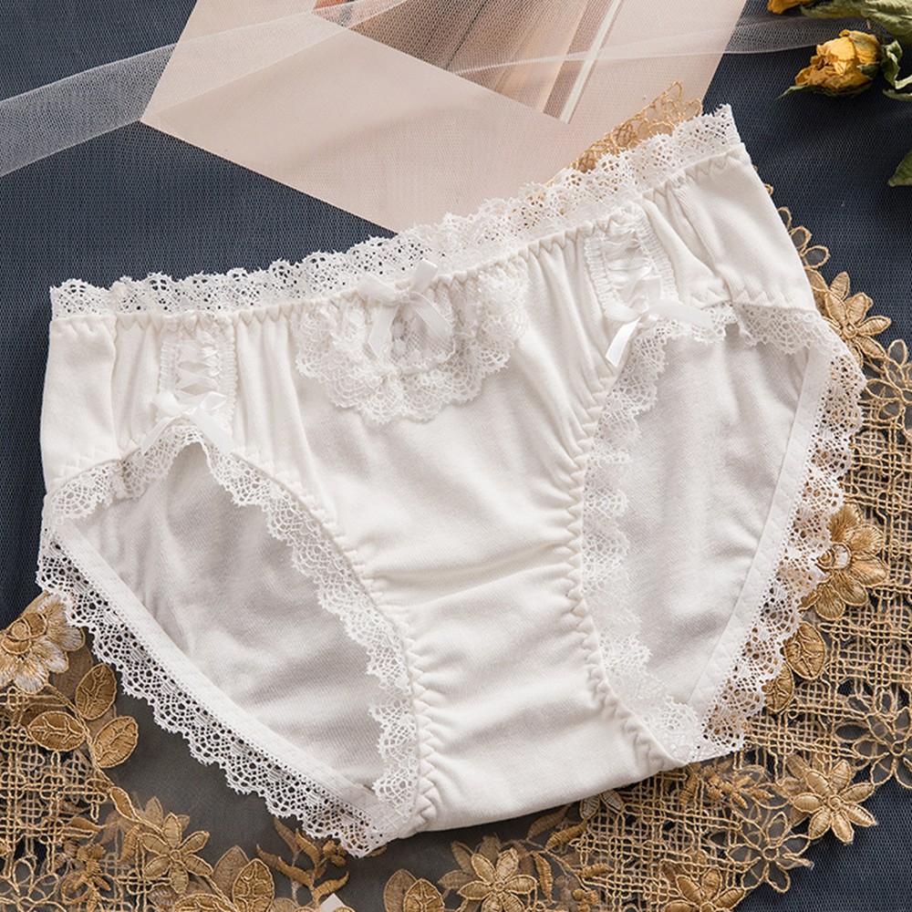 Pure Color Lace Underpants for Women with Bow Detail and Moderate Elasticity