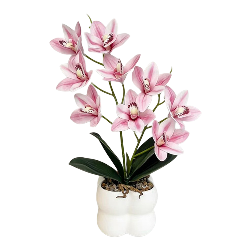 35cm Faux Pink Cymbidium Orchid in White Ceramic Pot for Minimalist Decor
