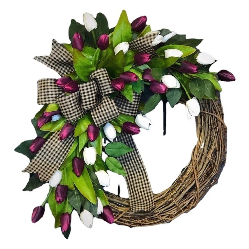 35cm Purple Tulip Wreath on Natural Rattan Base Spring Floral Home Decor