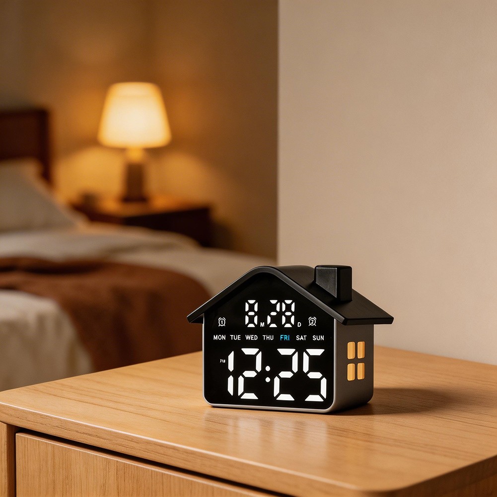LED Alarm Clock in House Form with Time Date Day Temp and Adjustable Light