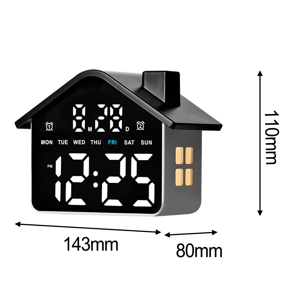 LED Alarm Clock in House Form with Time Date Day Temp and Adjustable Light