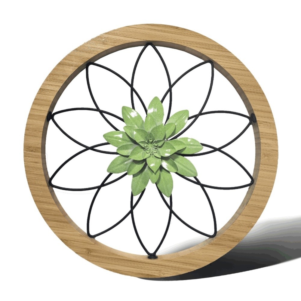 Natural Wood Round Wall Decor 30x30cm with Delicate Floral and Geometric Art