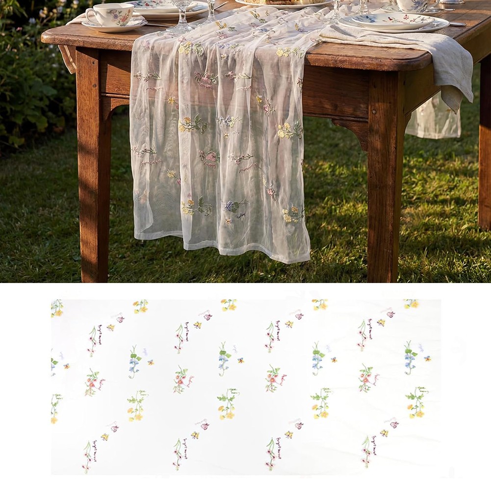 Wildflower Theme Table For RUNNER Beige Gauze Tulle 2.46 ft x 9.84 ft Polyester