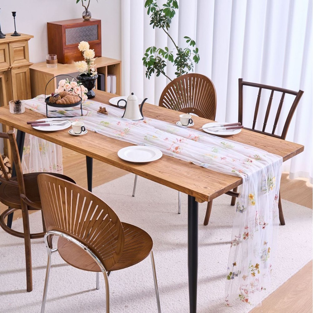 Wildflower Theme Table For RUNNER Beige Gauze Tulle 2.46 ft x 9.84 ft Polyester