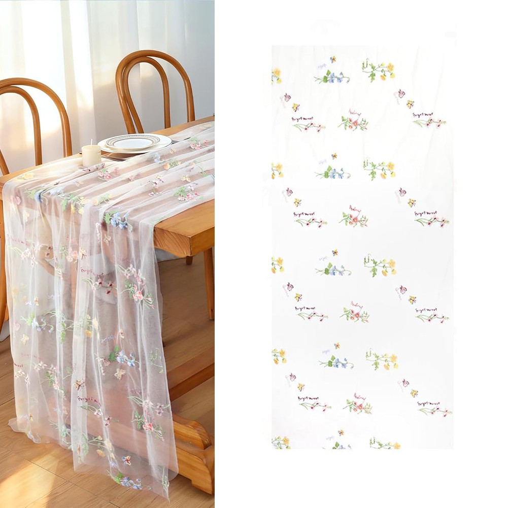 Wildflower Theme Table For RUNNER Beige Gauze Tulle 2.46 ft x 9.84 ft Polyester
