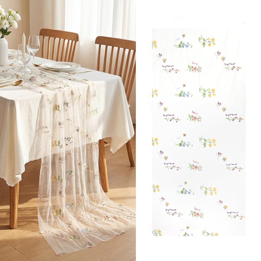 Wildflower Theme Table For RUNNER Beige Gauze Tulle 2.46 ft x 9.84 ft Polyester