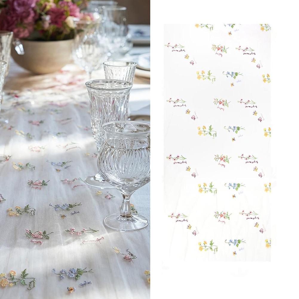 Wildflower Theme Table For RUNNER Beige Gauze Tulle 2.46 ft x 9.84 ft Polyester