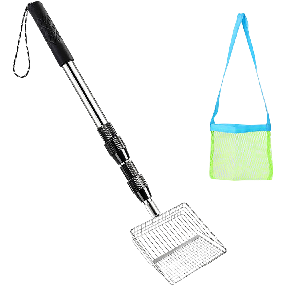 Beach Sand Scoop Stainless Steel Adjustable Handle with Mesh Bag for Treasures