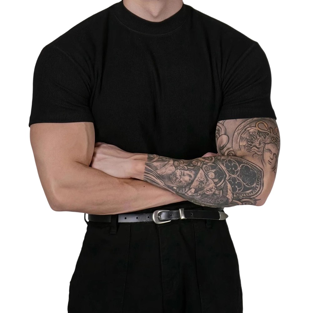 Knitted Short Sleeve T-Shirt for Men Half High Neck Regular Length Top