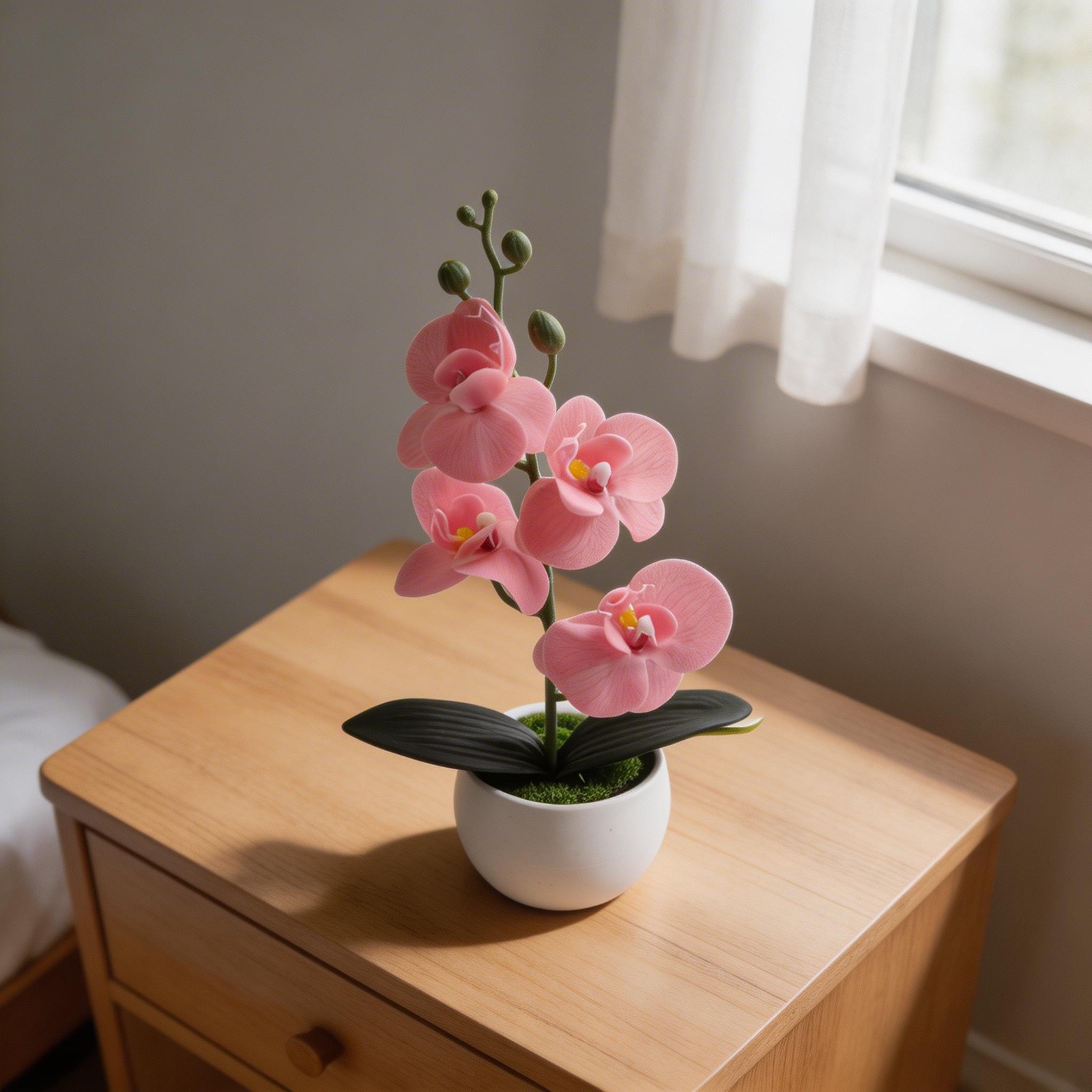Four Flower Small Round Belly Pot Butterfly Orchid Faux Silk Tabletop Decor