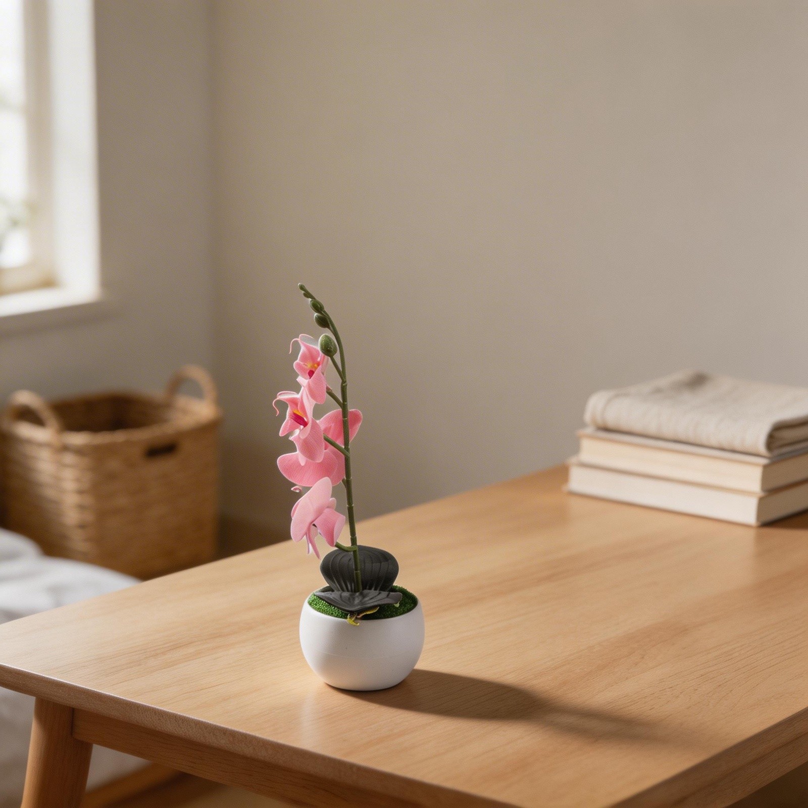 Faux Orchid Four Flower Bonsai in Small Round Belly Pot for Home Office