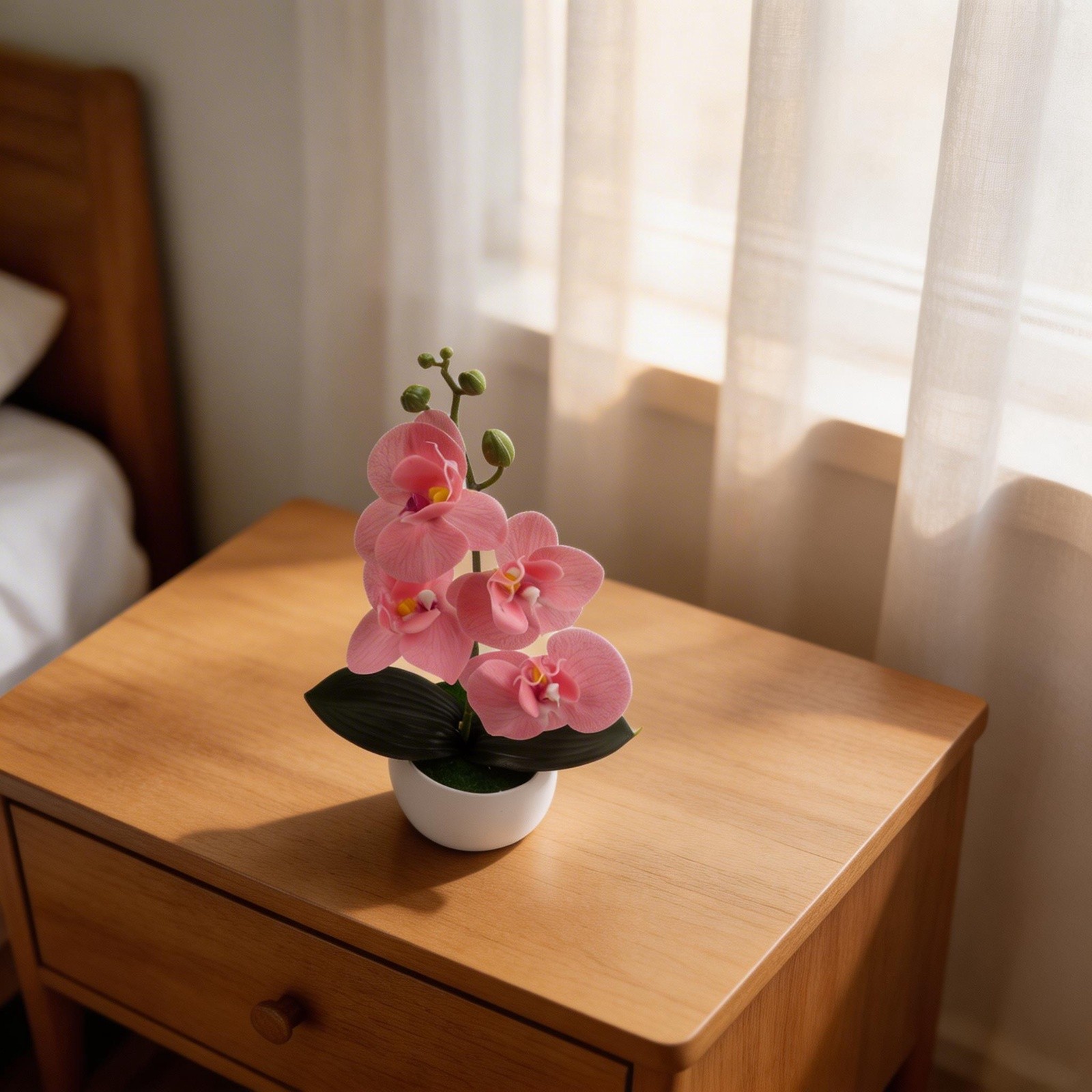 Butterfly Orchid Faux Silk Four Flower Arrangement in Round Belly Pot for Decor
