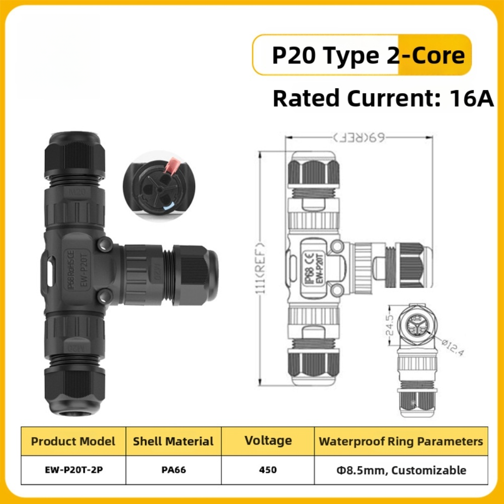 3-Core Waterproof Screw Connector P20T Type for Solar Panels Outdoor Lighting