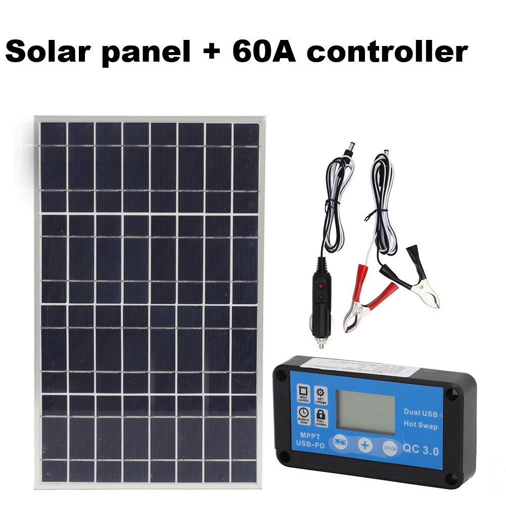 12V 24V Framed Solar Panel with 60A Controller Waterproof Battery Clip