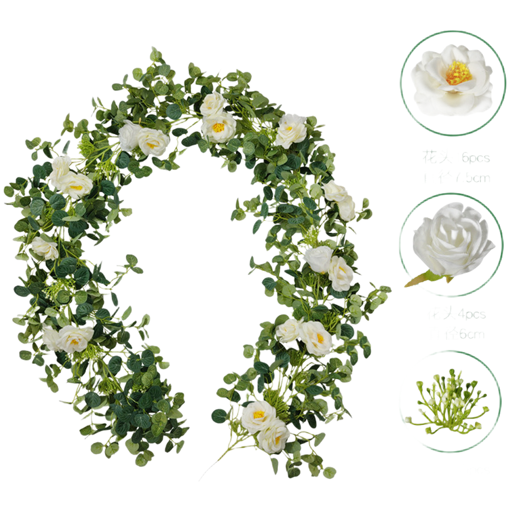Artificial Acacia Vine 2M with White Faux Roses and Leaves for Weddings
