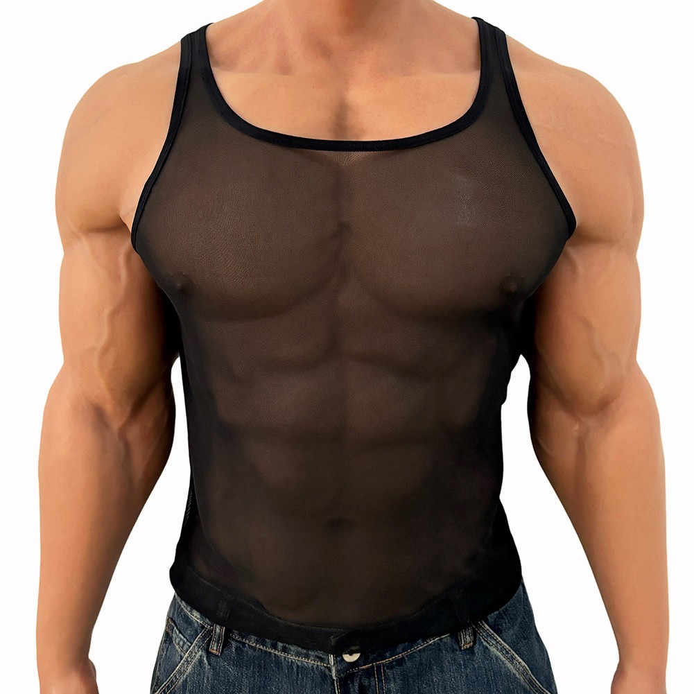 Men’s Seamless Mesh Tank Top U Neck Sleeveless Crop Vest 95% Nylon 5% Spandex