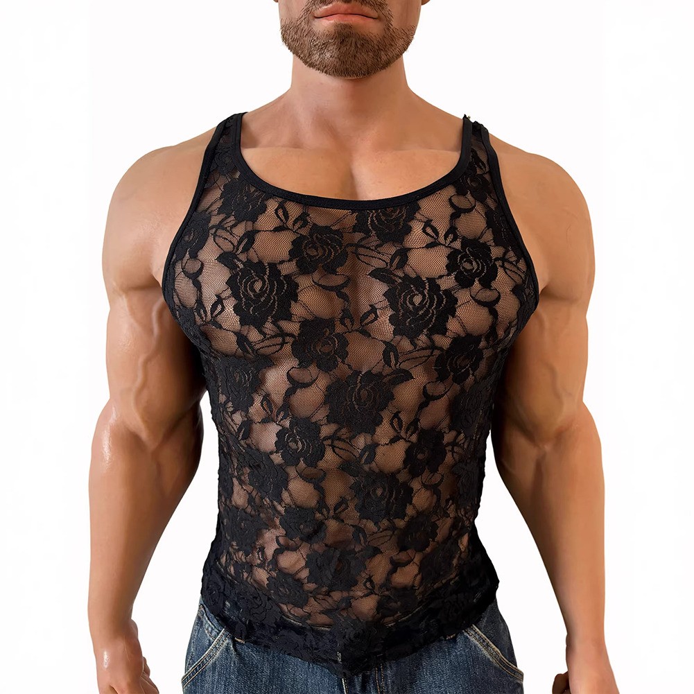 Men’s Stretchy Floral Lace Mesh Tank Top Sleeveless Fitted Vest for Vacation