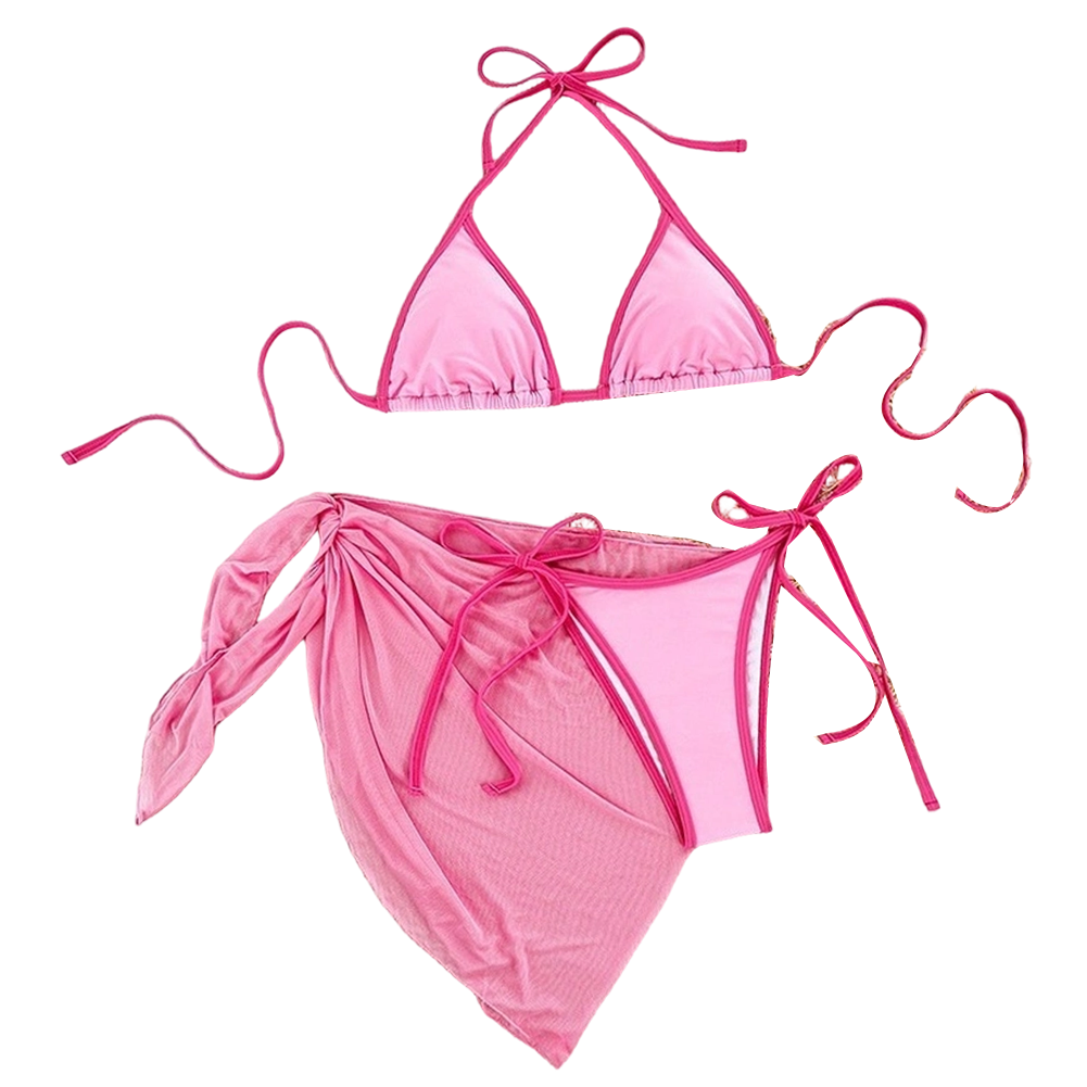 3 Piece Lace Up Bikini Set with Beach Skirt Light Pink Dark Pink Brown