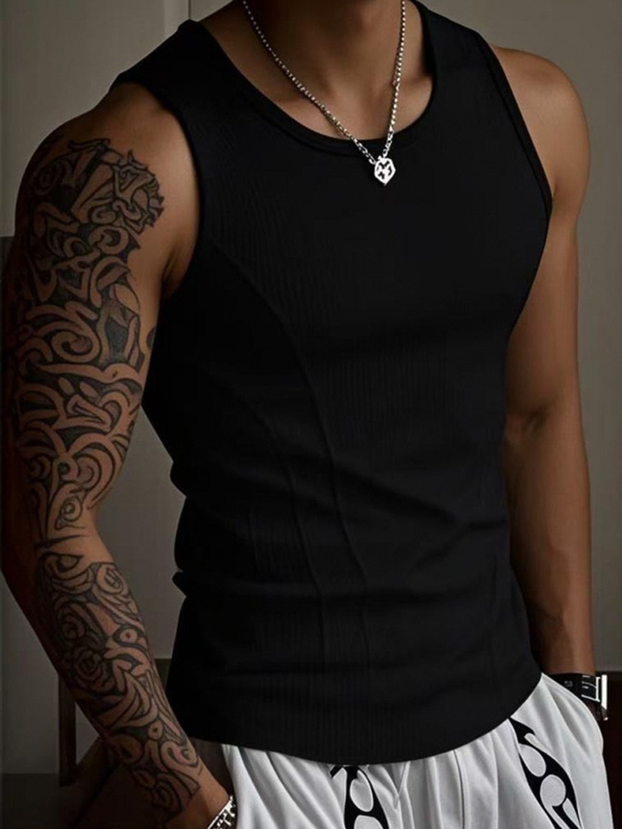 Solid Color Men’s I-Shaped Vest – Moderate Elasticity Polyester Sports Top