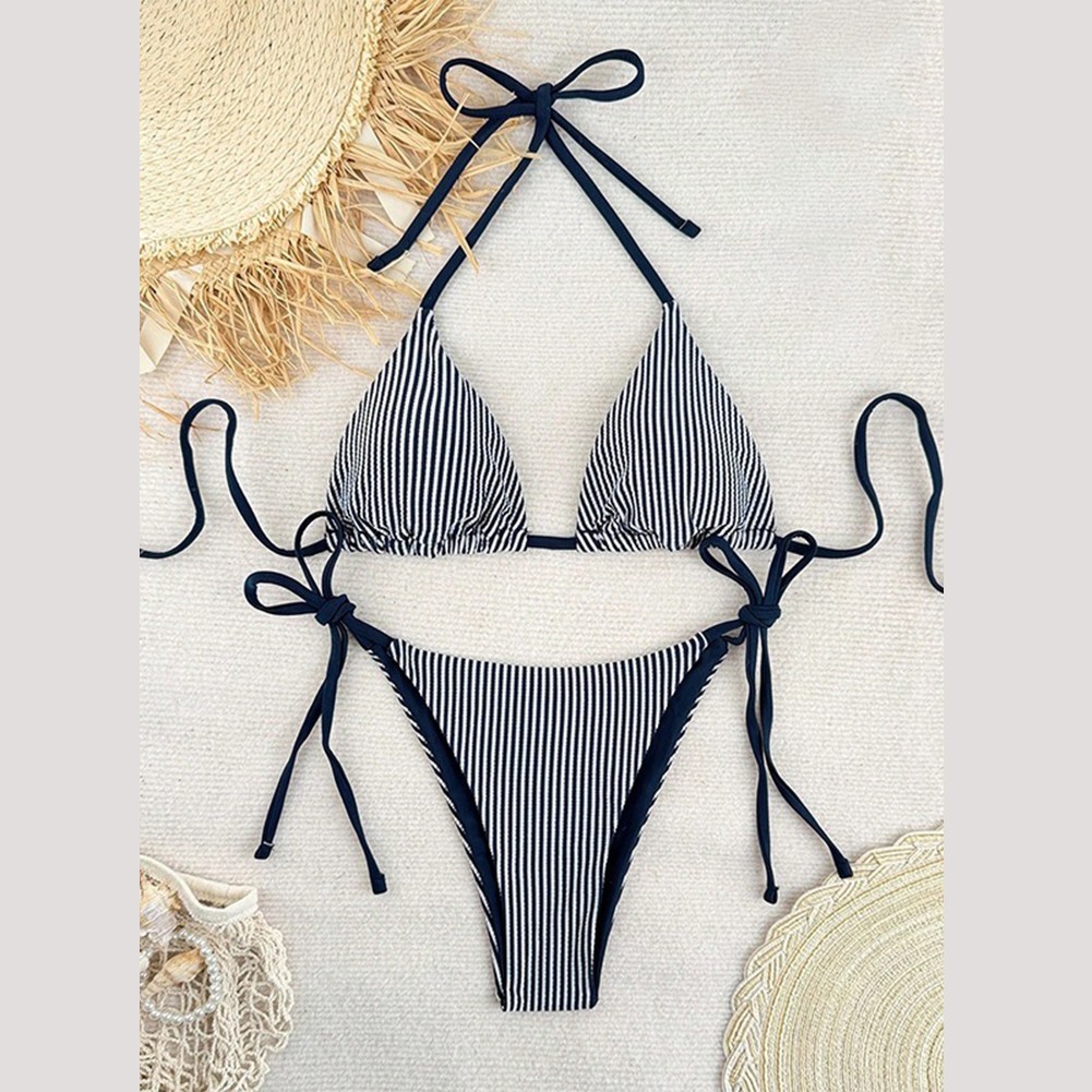 Soft Polyester Striped Halter Bikini Set for Women with Padded Support No Wire