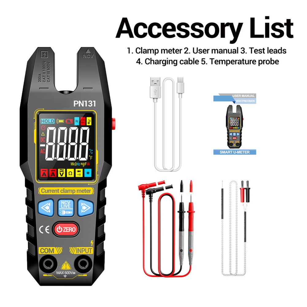 PN131 Clamp Meter Rechargeable 4000 Count True RMS AC DC Ammeter for Home Use