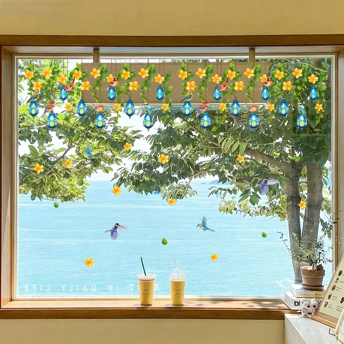 Floral Window Clings with Hummingbirds and Moroccan Lanterns PVC 23.62×31.5in