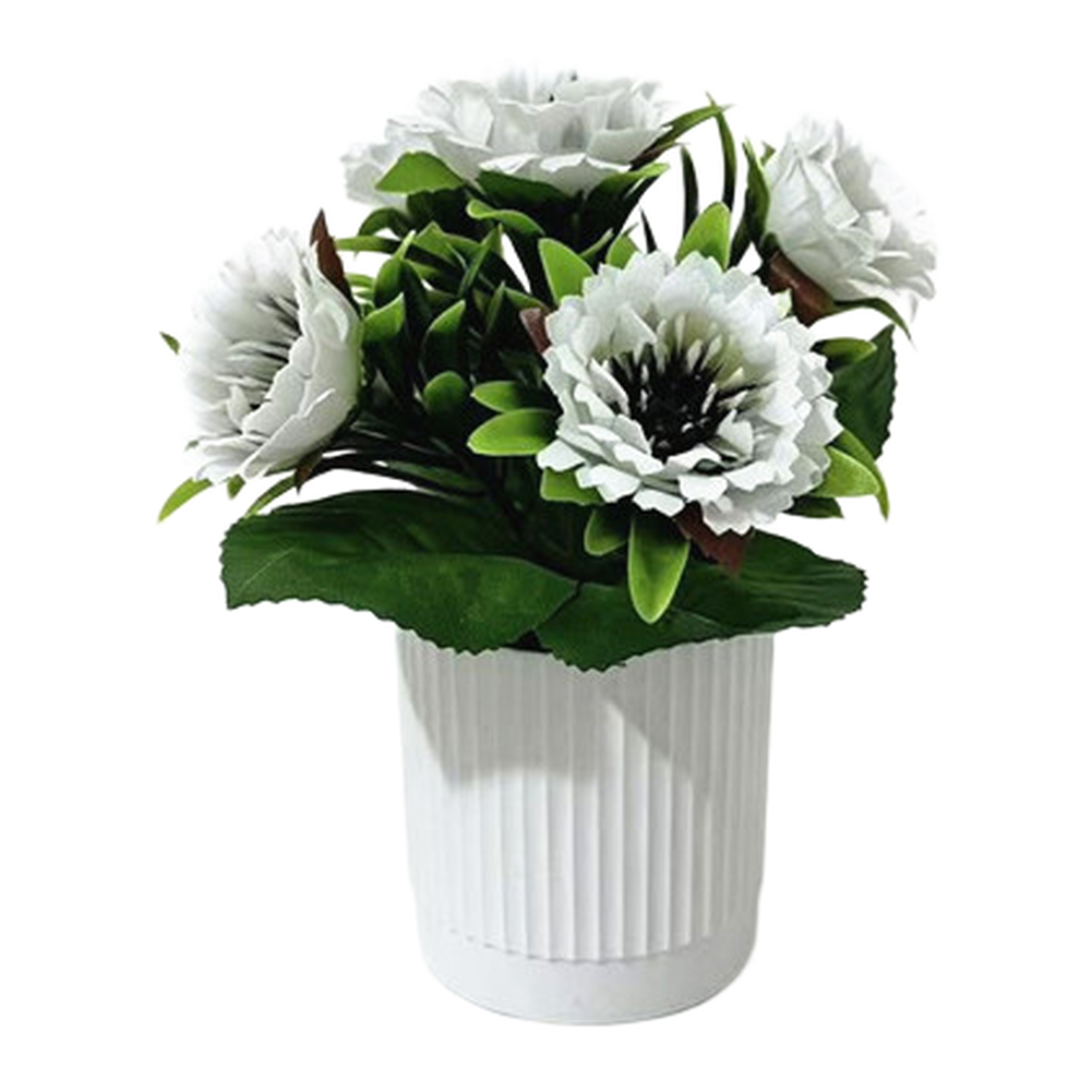 For Home Decor Faux Peony Daisy in Slim Ribbed White Pot for Small Area Styling
