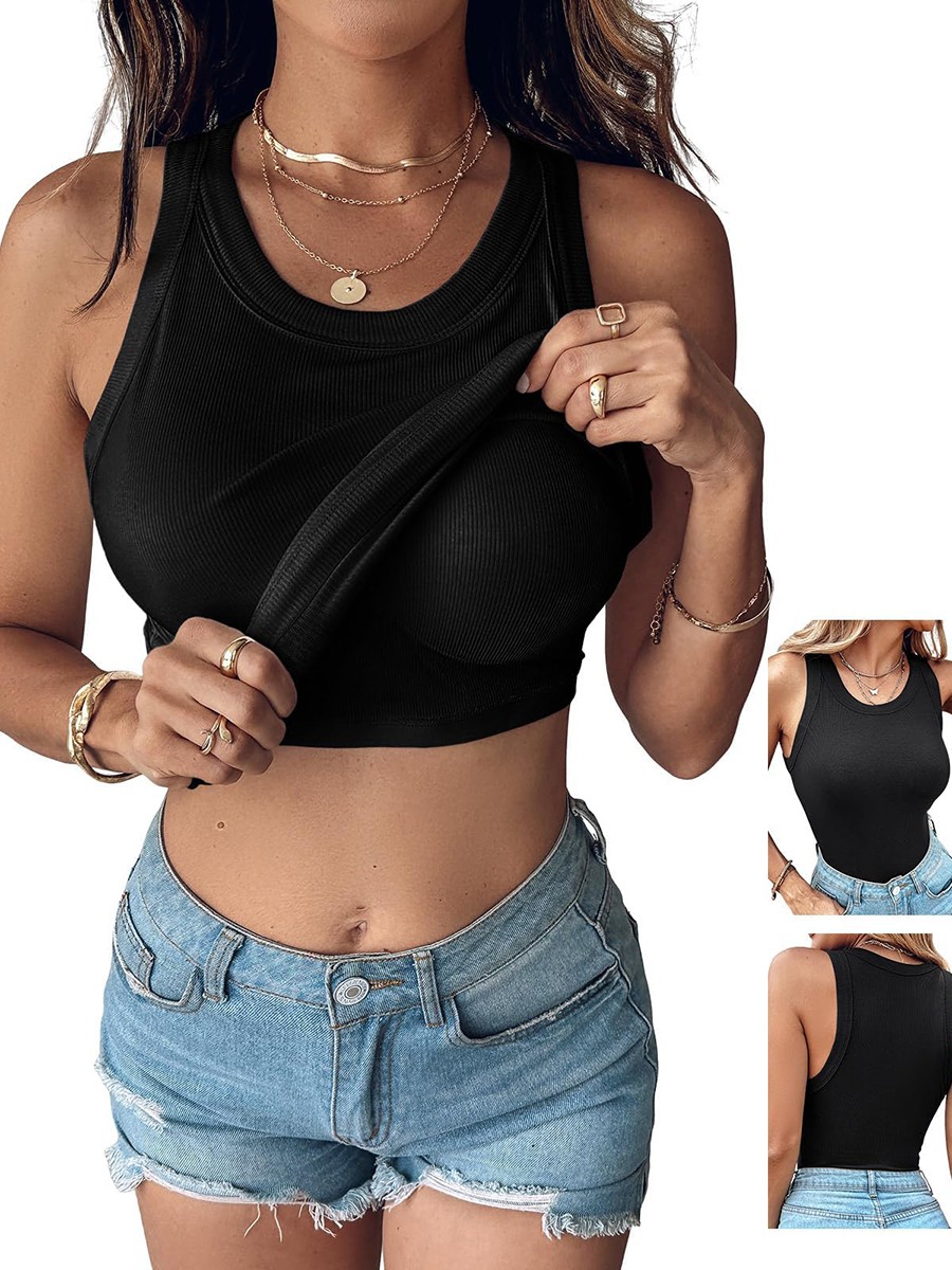 Women’s Sleeveless Ribbed Tank Top Built-in Bra Fitted Pure Color Polyester New