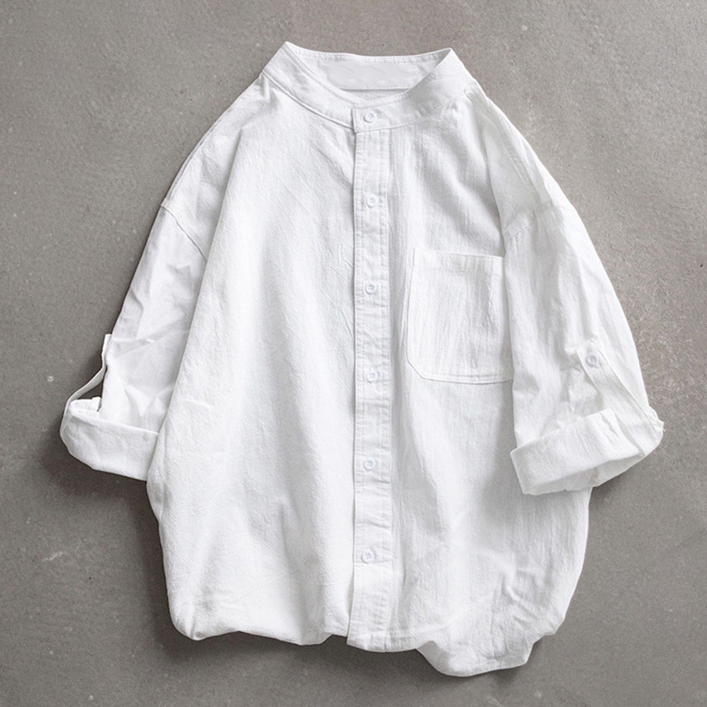 Men’s Japanese Styled Solid Half Sleeve T-Shirt For Stand Collar Regular Length