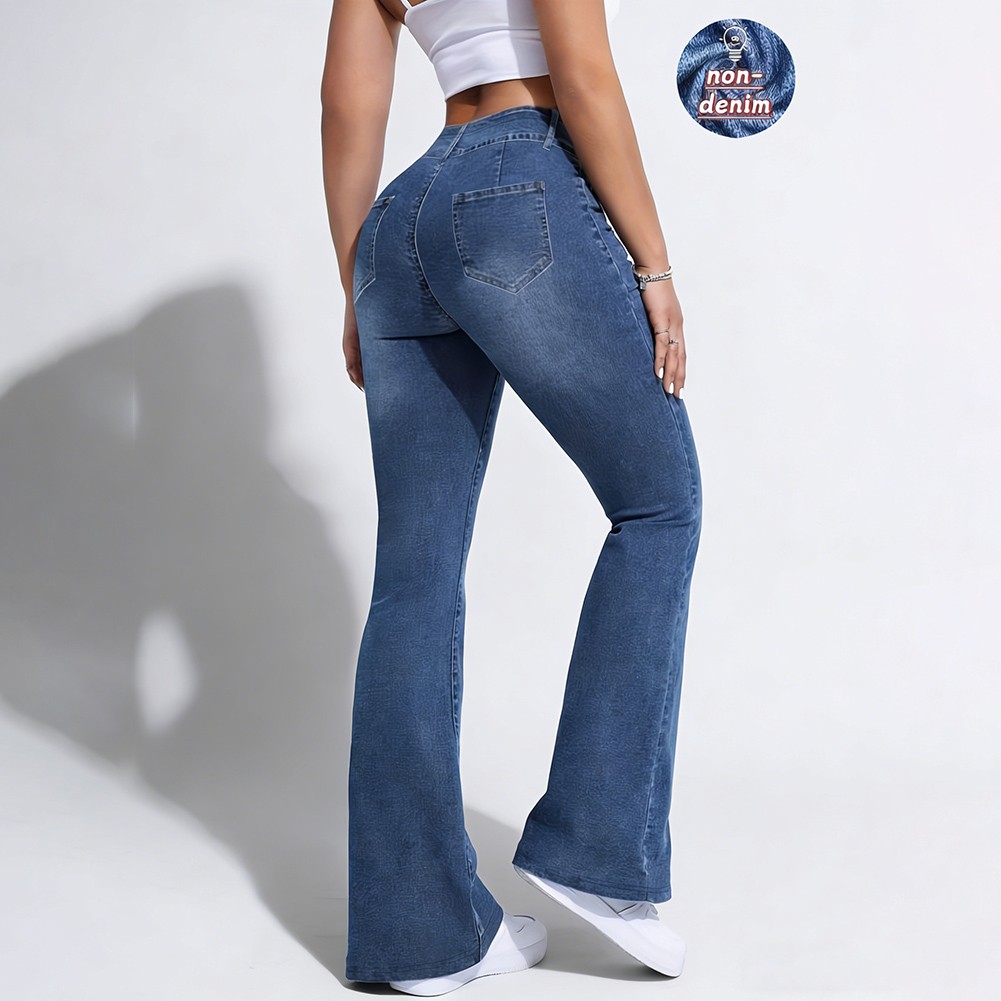 Women for Slim Fit High Waist Leggings Blue Stretch Flare Trousers 85% Polyester