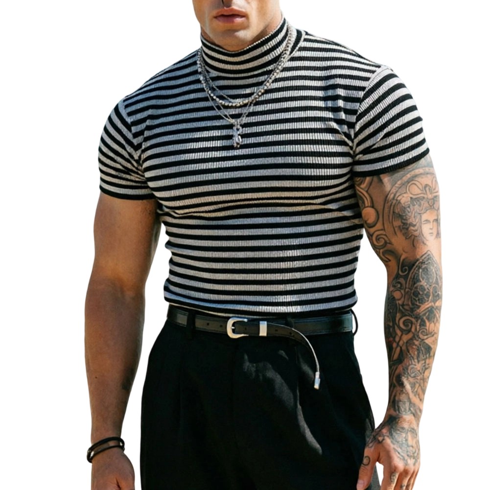 For Gym Workout Men Turtleneck T-Shirt Short Sleeve Tee 95% Polyester 5% Spandex