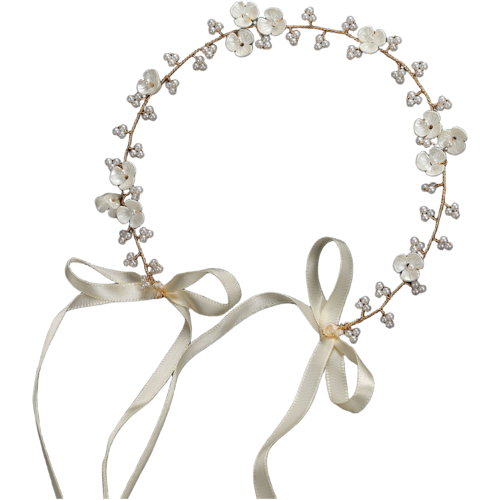 Bridal Headband with Pearl Accents and Floral Shell Petals Gold Silver